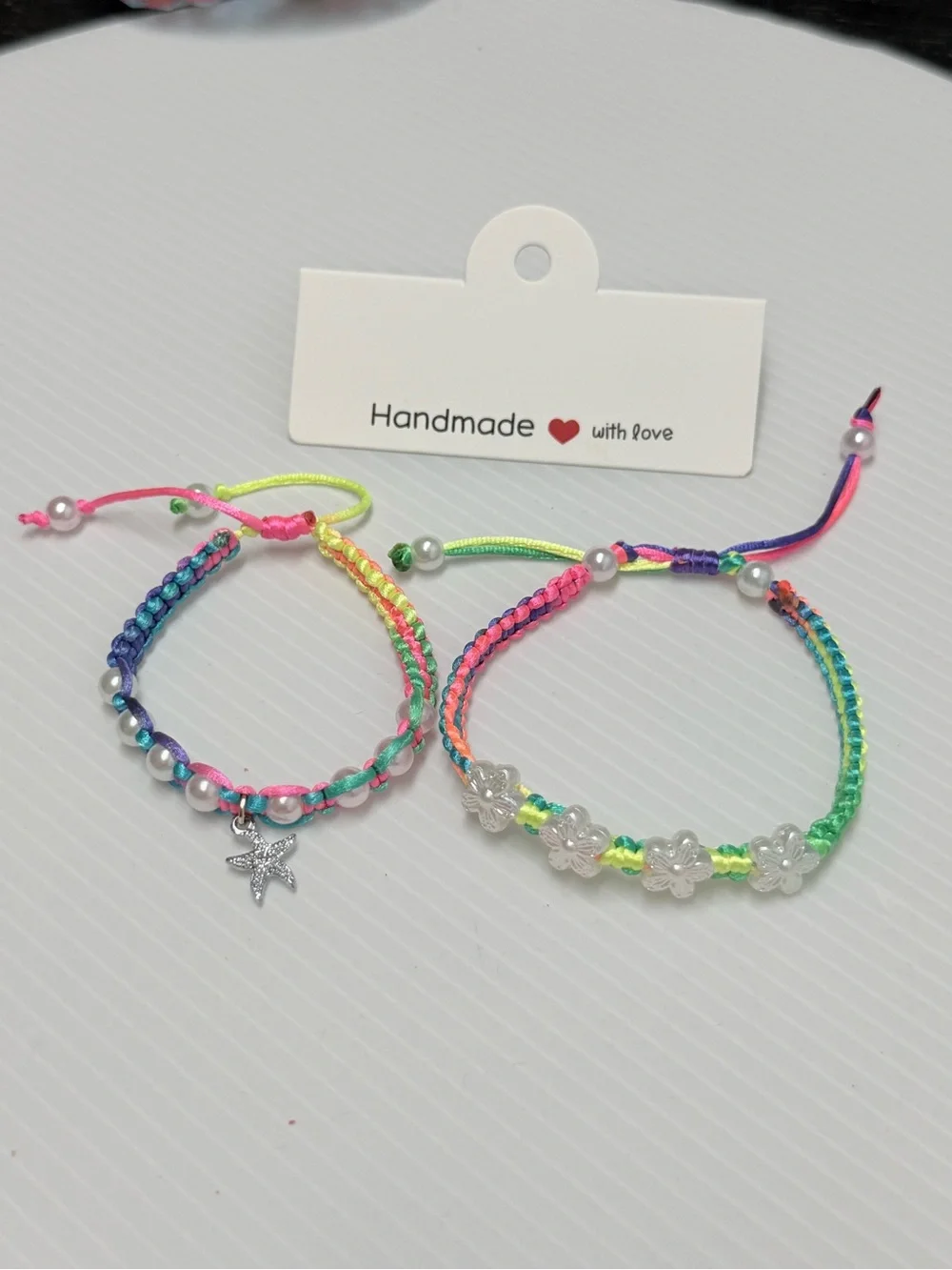 Handmade Multicolor Flower Cord Bracelet with Silver Flowers ajustable